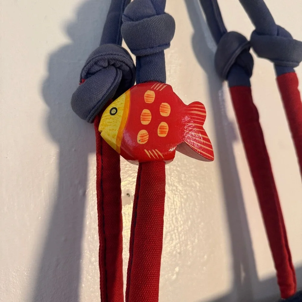Vtg 90s Nautical Fish Canvas Tote Blue Red Beach Bag Wood Charm Maximalist Sea